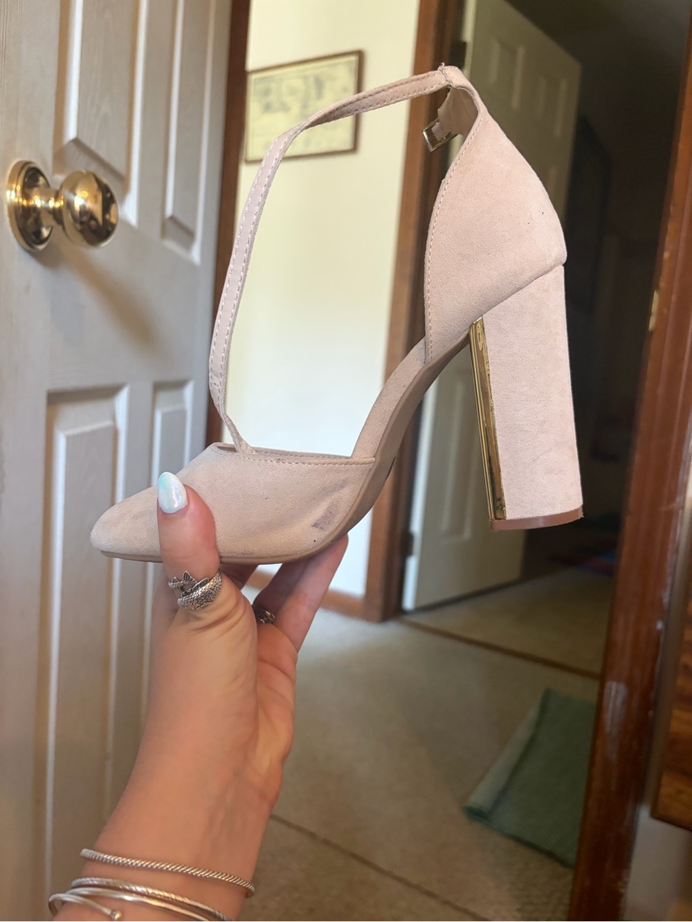 Lulu’s Nude Ankle Strap Closed Round Toe Sandal Heels - Picture 4 of 12